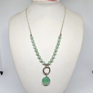 925 Sterling Silver Green Crystal Pendant Beaded Chain Necklace 20" Long
